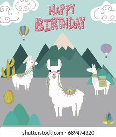 Happy Birthday Card With Cute Lama. Editable Vector Illustration