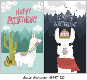 Happy Birthday Card With Cute Lama. Editable Vector Illustration