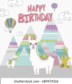 Happy birthday card with cute lama. Editable vector illustration