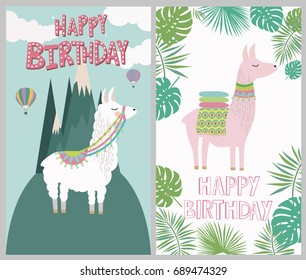 Feliz cumpleaños con un lindo lama. Ilustración vectorial editable