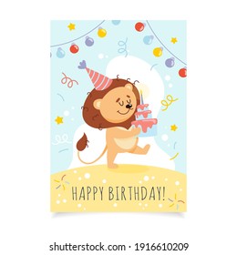 Happy Birthday card with cute lion and birthday cake. Celebration vector template.