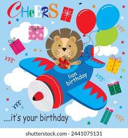 happy birthday card with cute lion and gifts on the plane