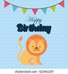 happy birthday card with cute lion and decorative pennats over blue background. colorful design. vector illustration