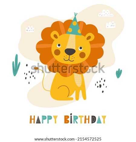 Happy birthday card with cute lion. Vector illustration