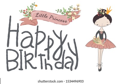 Happy Birthday Card with cute little Princess.  Girl in crown and tutu with a bouquet of flowers.