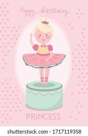 Happy birthday card with cute little princess, greeting card for girl, congratulations or celebration design. Vector illustration EPS 10