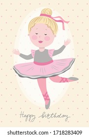 Happy birthday card with cute little princess, greeting card for girl, congratulations or celebration design. Vector illustration EPS 10