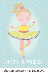 Happy birthday card with cute little princess, greeting card for girl, congratulations or celebration design. Vector illustration EPS 10