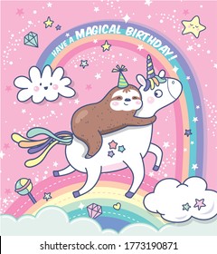 Happy birthday card with a cute little sloth and a unicorn	