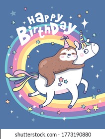 Happy birthday card with a cute little sloth and a unicorn