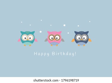 Happy Birthday card. Cute little owls with stars on blue background. - Vector illustration