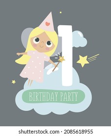 Happy Birthday card with cute little Fairy and number one. Vector illustration cartoon style. Illustration for children's parties, postcards, posters, invitations, banners and printing.