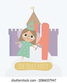 Happy Birthday card with cute little Fairy and number four. Vector illustration cartoon style. Illustration for children's parties, postcards, posters, invitations, banners and printing.