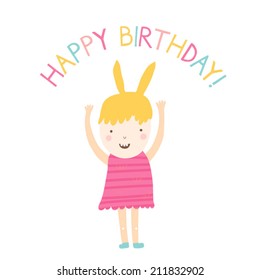 Happy birthday card with cute little girl. Cartoon girl with bunny ears