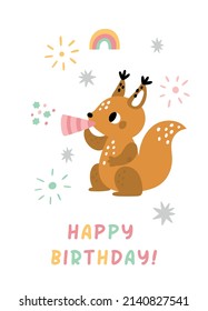 Happy birthday card with cute little squirrel in childish style