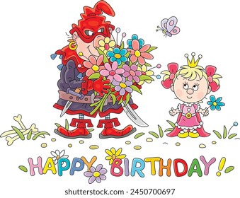 Happy birthday card with a cute little princess and a large terrible ogre with a colorful bouquet of flowers, vector cartoon illustration on a white background