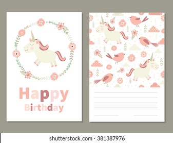 Happy Birthday. Birthday card with cute little unicorn and seamless pattern with unicorns, flowers, birds, clouds and herbs. Pattern are not cropped and can be edited. Elements are hidden under mask