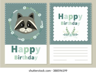 Happy Birthday. Birthday card with cute little raccoon. Vector illustration