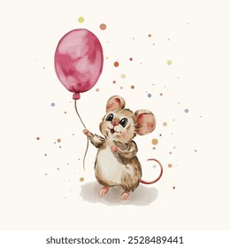 Happy Birthday card with a cute mouse. Cartoon mice with a pink balloon for a greeting card, birthday invitation 