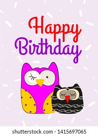 Happy Birthday card with cute owls and confetti 