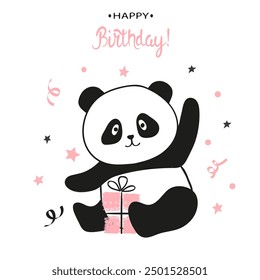 Happy Birthday card with cute panda bear. Vector childish illustration