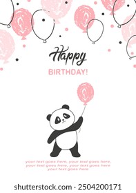 Happy Birthday card with cute panda bear and balloons. Vector childish illustration