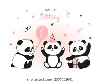 Happy Birthday card with cute panda bears. Vector childish illustration