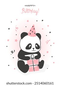 Tarjeta del feliz cumpleaños con el oso panda lindo. Ilustración vectorial