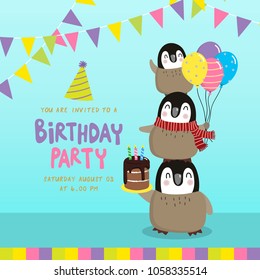 Happy Birthday card with cute penguins in party