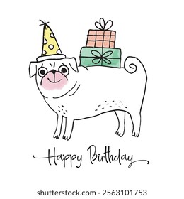 Happy birthday card with cute pug dog illustration and presents.