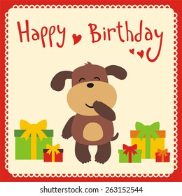 Happy Birthday Card, Cute Puppy with  gifts in cartoon style.