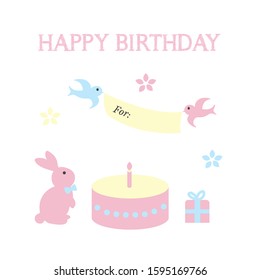 happy birthday card with cute rabbit and birds
