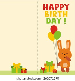 Happy birthday card, cute rabbit with balloons
