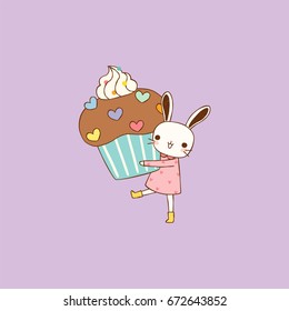 Happy birthday card. Cute rabbit girl holding big cupcake. Flat design. Vector illustration.