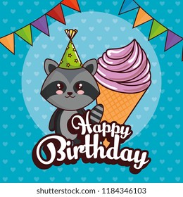 happy birthday card with cute raccoon