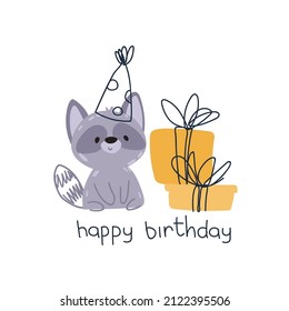 Happy birthday card. Cute raccoon in a party cap with gift. Vector print for children room, fabric, paper, greeting card, postcard, card, t shirt, poster, textile. Vector illustration