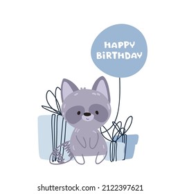 Happy birthday card. Cute raccoon in a party cap with gift, balloon. Vector print for children room, fabric, paper, greeting card, postcard, card, t shirt, poster, textile. Vector illustration