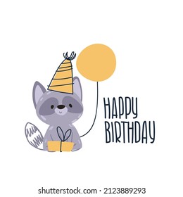 Happy birthday card. Cute raccoon in a party cap with gift, balloon. Vector print for children room, fabric, paper, greeting card, postcard, card, t shirt, poster, textile. Vector illustration