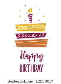 Happy birthday card with a cute simple cake and candle. Birthday cake vector illustration