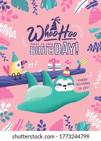 Happy birthday card with a cute sloth and a bird singing on the tree