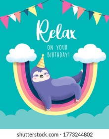 Happy birthday card with a cute sloth relaxing on a rainbow	