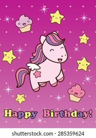 Happy birthday card with cute smiling cartoon horse. Vector illustration. Childish background with cartoon character.