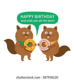 happy birthday card with cute squirrel. vector illustration