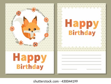Happy Birthday. Card for birthday with cute squirrel. Children's birthday party. Cute birthday. Cute vector birthday card