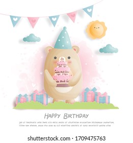 Happy birthday card with cute teddy bear and strawberry cake. Card and celebration. Vector illustration.