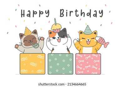 happy birthday card, cute three funny happy kitty cat celebrating birthday party, animal pet cartoon drawing vector