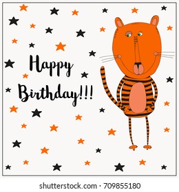 Happy Birthday card with cute tiger. Vector character illustration