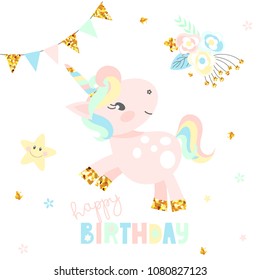 Happy birthday card with cute unicorn icon in light pastel color on white background. Vector illustration.