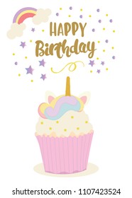Happy birthday card with cute unicorn. Greeting . Hand written text.