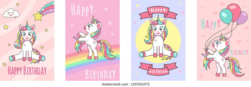 happy birthday card with cute unicorn icon , colorful design fashion kawaii artworks. vector print for   flayer, badges, poster, postcard, patches, scrapbooking element, children books